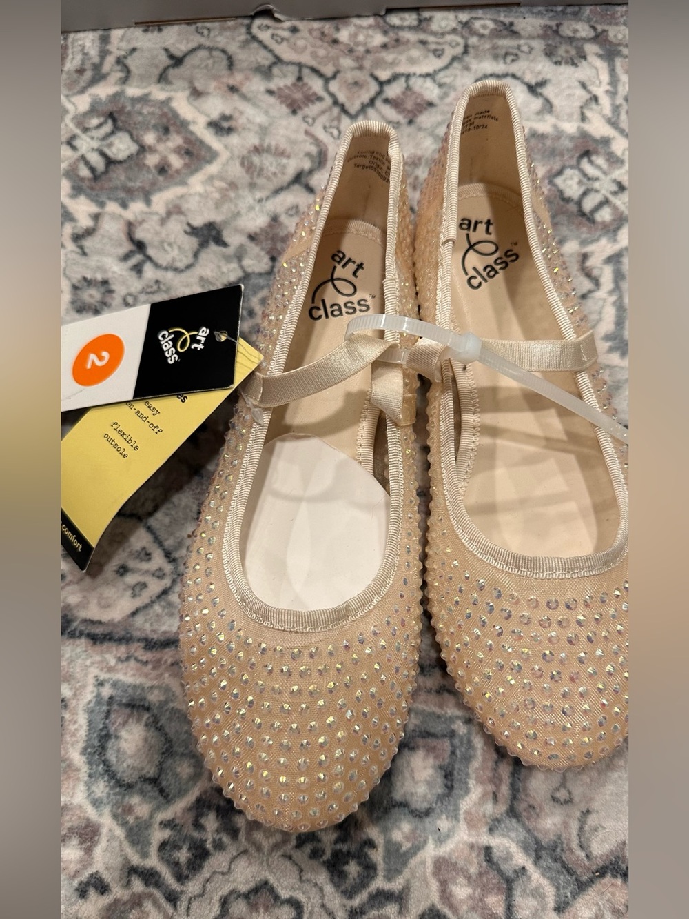 art class kids size 2 Champagne Sparkle Ballet Flats with Ribbon Strap
